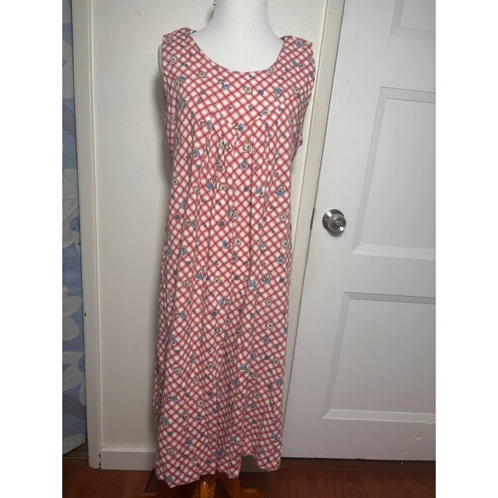 Vintage Dress Women's Medium Red White Checkered Picnic Shift Maxi Sundress - Picture 2 of 6